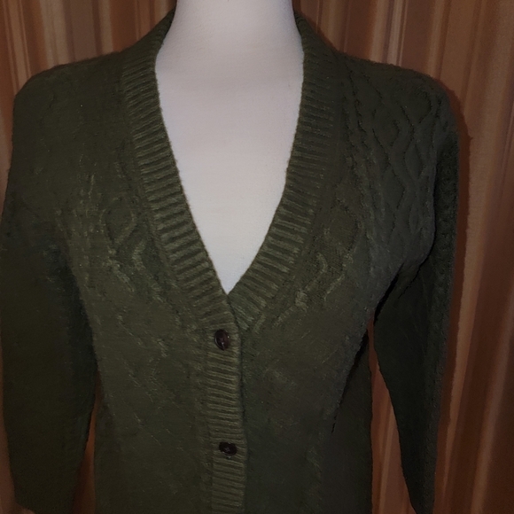 Talbots Cable Knit Cardigan Sweater Olive Green Size Medium Petite - Picture 2 of 8